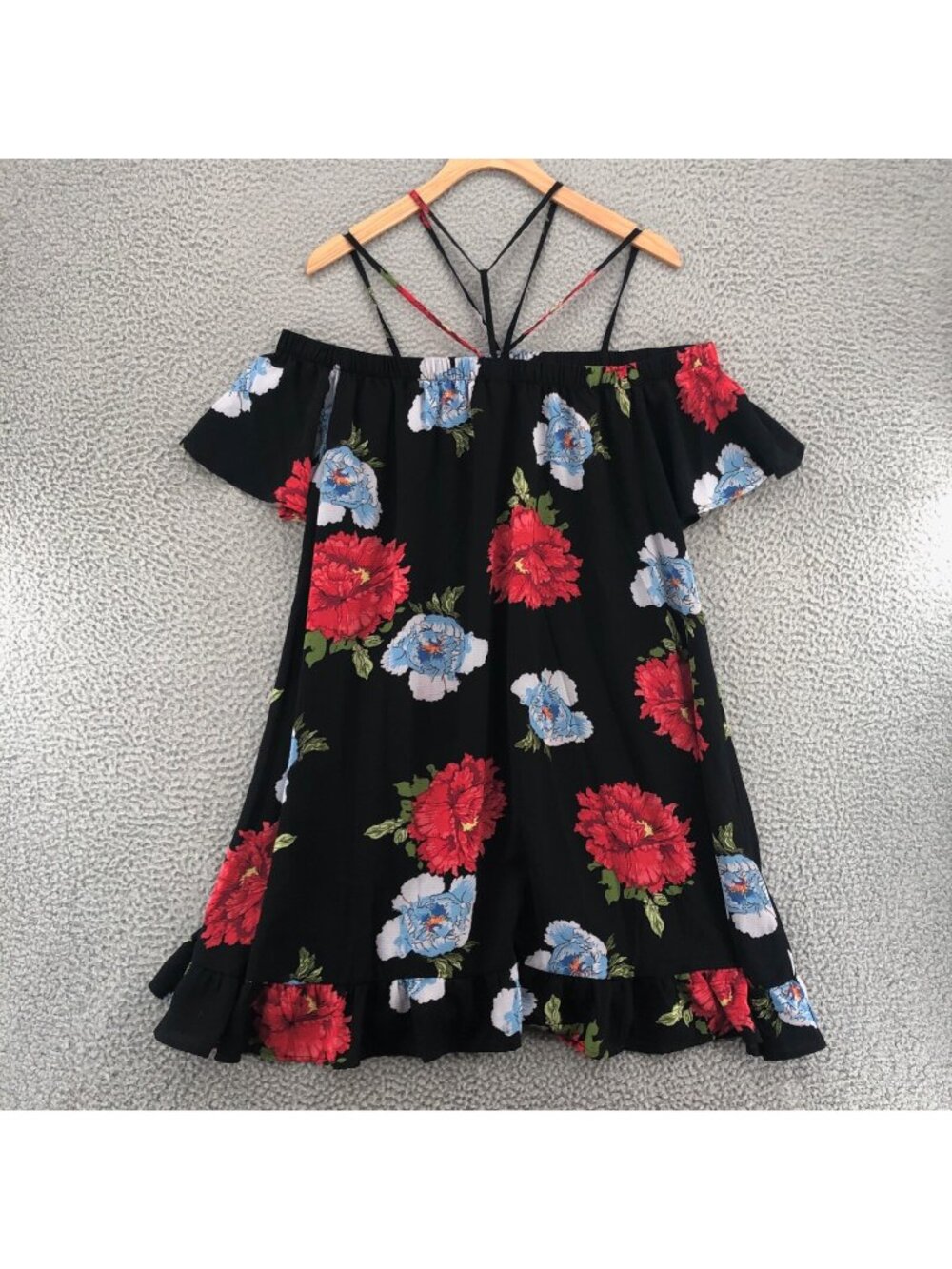 Jodifl Dress Womens Large Red Blue Floral Tent Swing Mini Strappy Off Shoulder